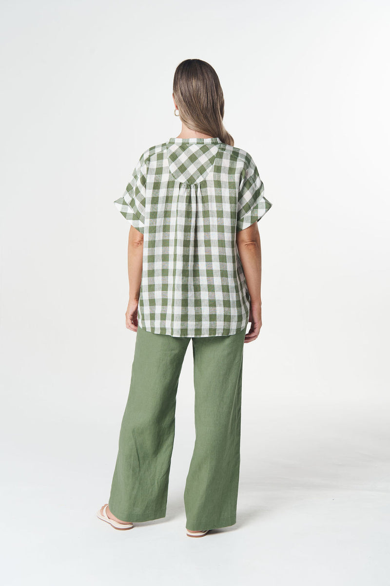 Goondiwindi Cotton Cedar Green gingham blouse with drop sleeves