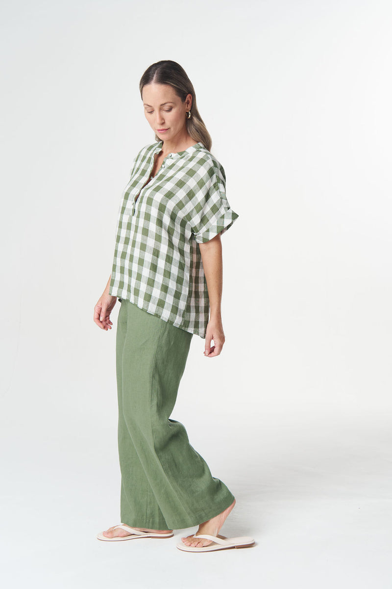 Honey relaxed linen blouse in green gingham check
