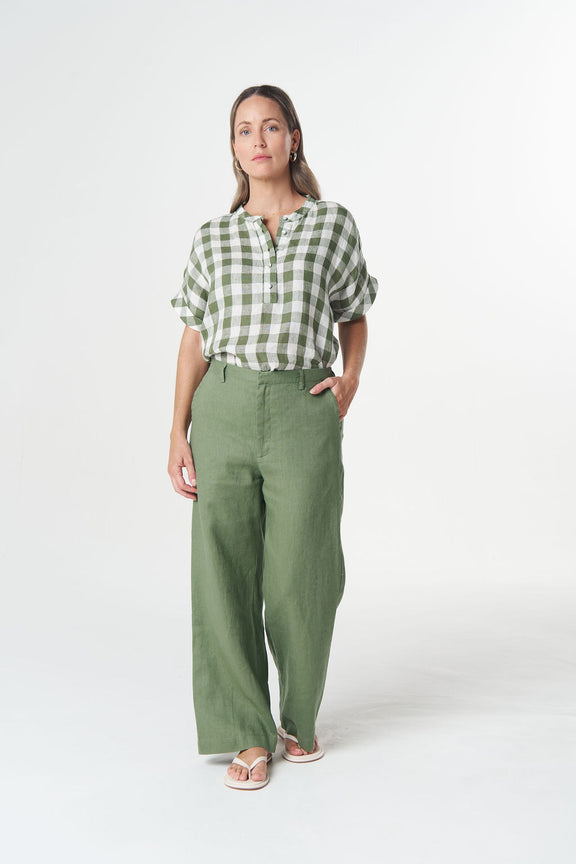 Women's green gingham linen shirt with self-covered buttons