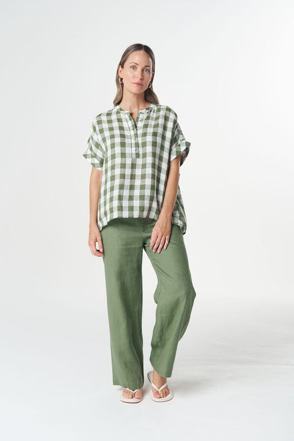 Goondiwindi Cotton Honey Gingham Linen Blouse in Cedar Green