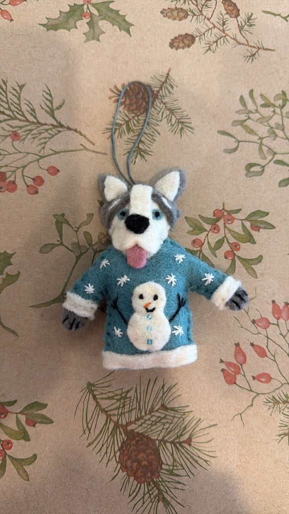 Wool felt Husky Christmas tree ornament with hanging loop