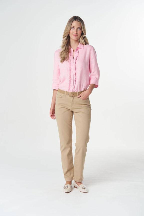 Women's pink linen frill shirt with curved hem and button cuffs