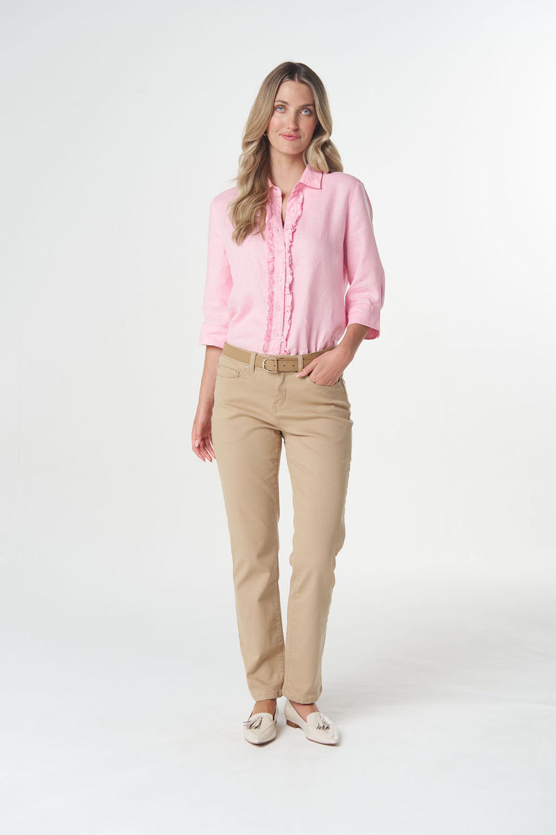 Women's pink linen frill shirt with curved hem and button cuffs