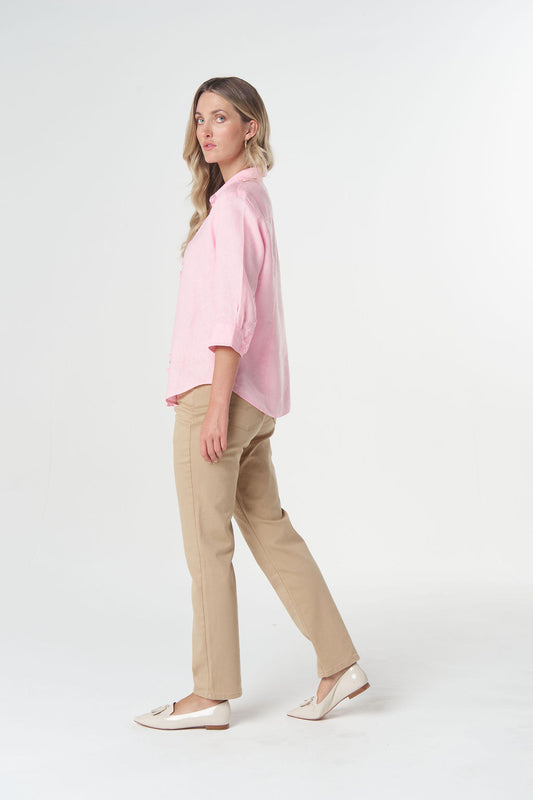 Goondiwindi Cotton pink linen shirt with three-quarter sleeves