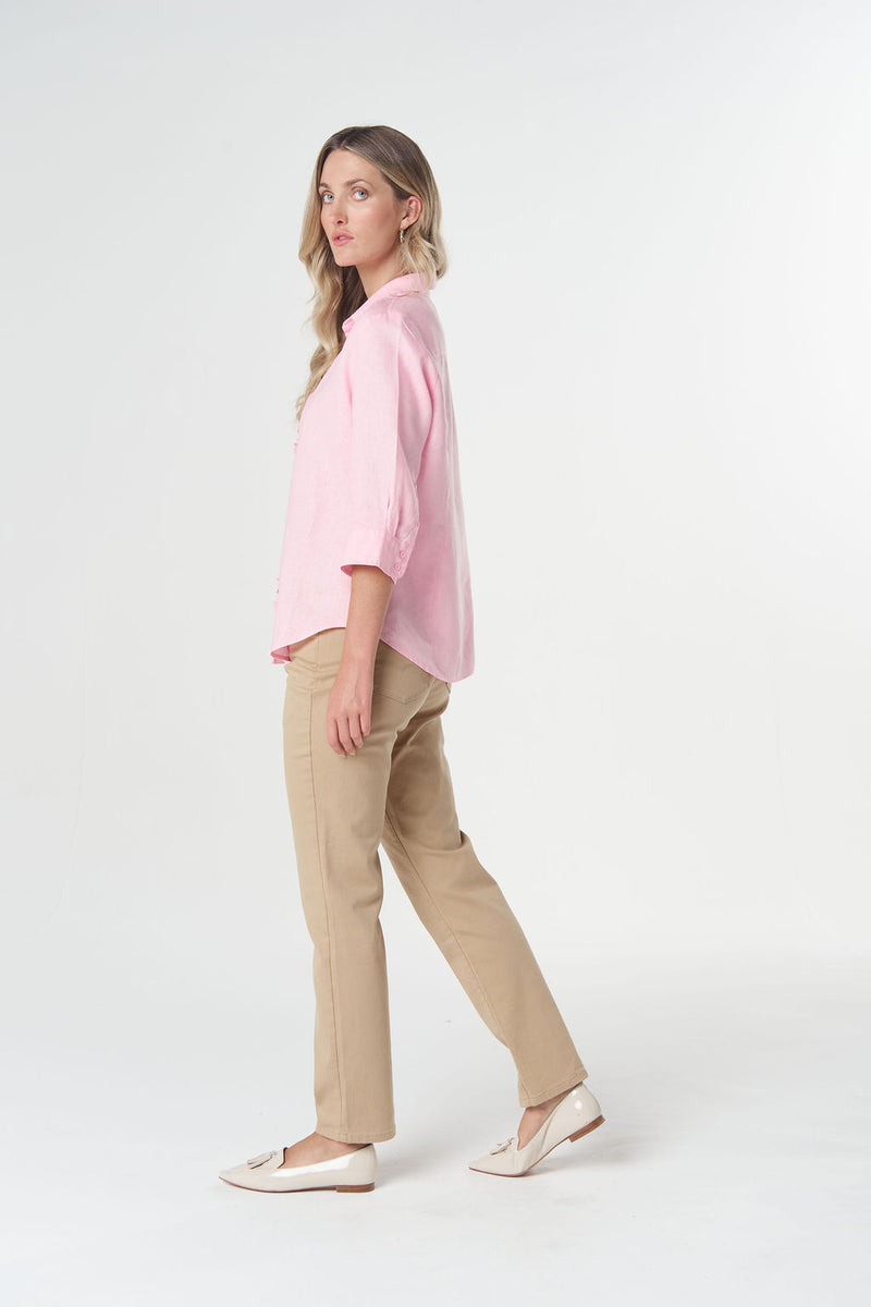 Goondiwindi Cotton pink linen shirt with three-quarter sleeves