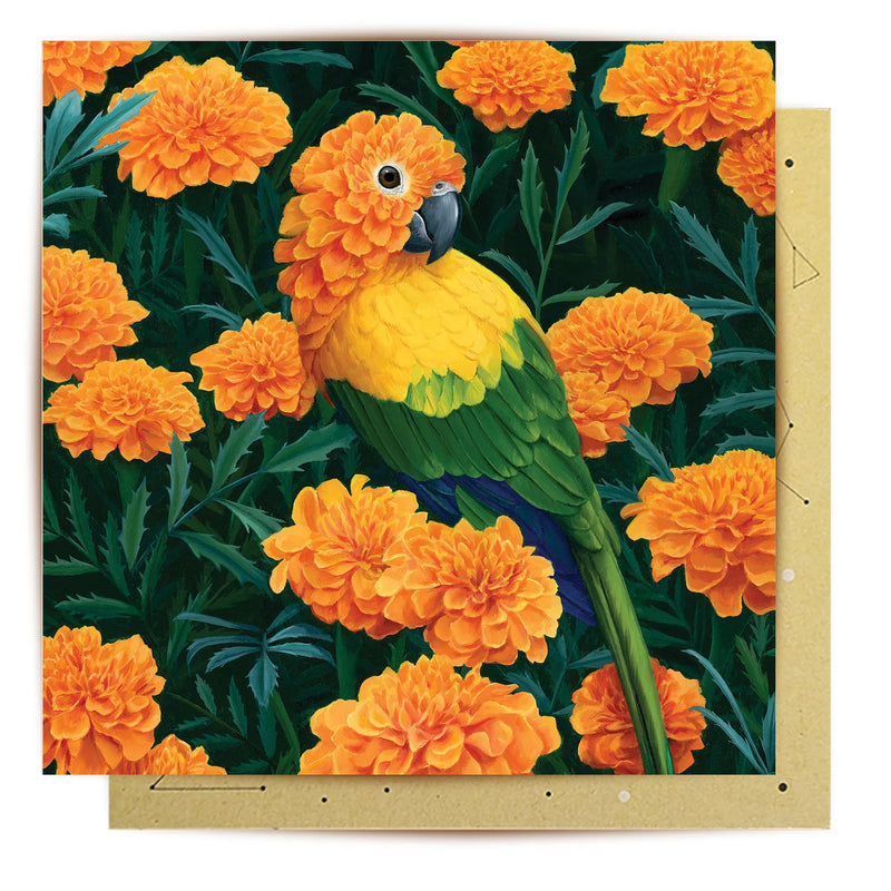 Cempazuchitl flower and bird illustrated greeting card