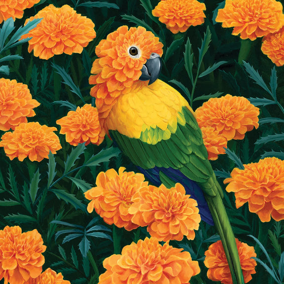 Botanical bird greeting card with cempazuchitl flower