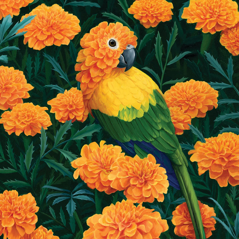 Botanical bird greeting card with cempazuchitl flower