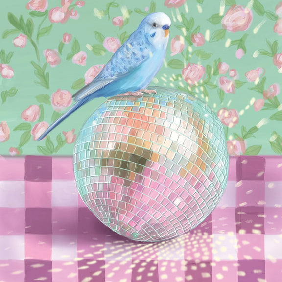 Disco Ball Budgerigar illustrated party card by La La Land