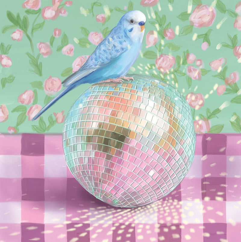 Disco Ball Budgerigar illustrated party card by La La Land