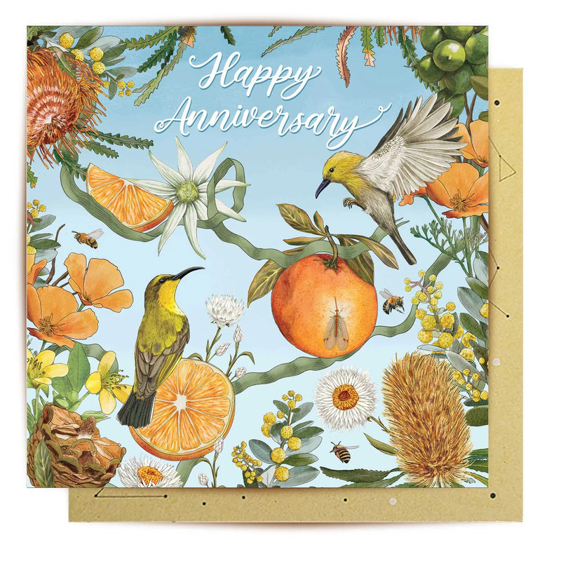 Happy Anniversary card with hummingbirds orange fruit and flowers