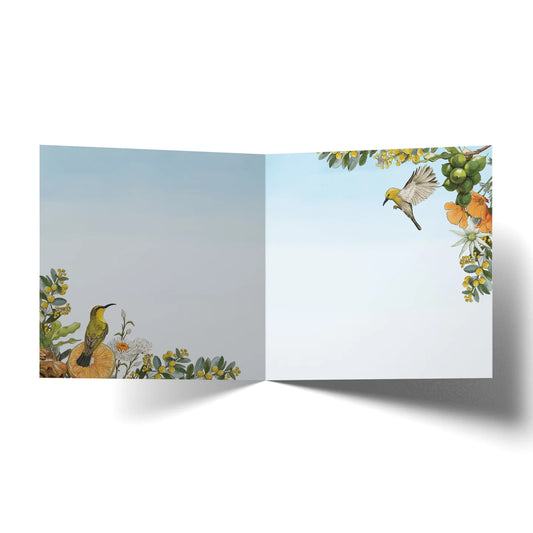 Colourful floral anniversary card featuring hummingbirds and fruit