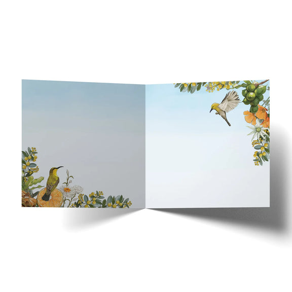 Colourful floral anniversary card featuring hummingbirds and fruit