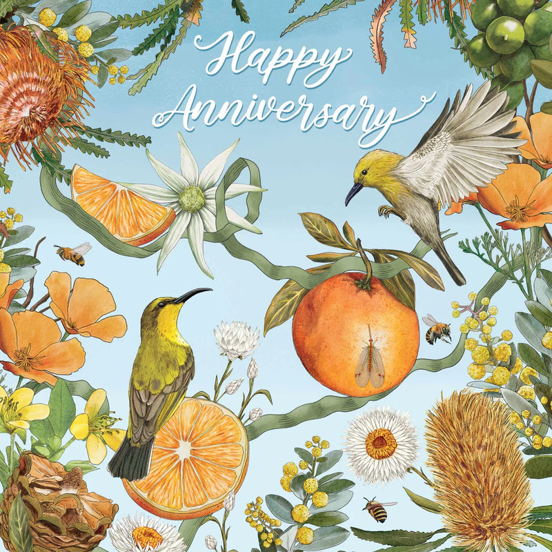 Blank inside Golden Hour anniversary card with hummingbirds and flowers