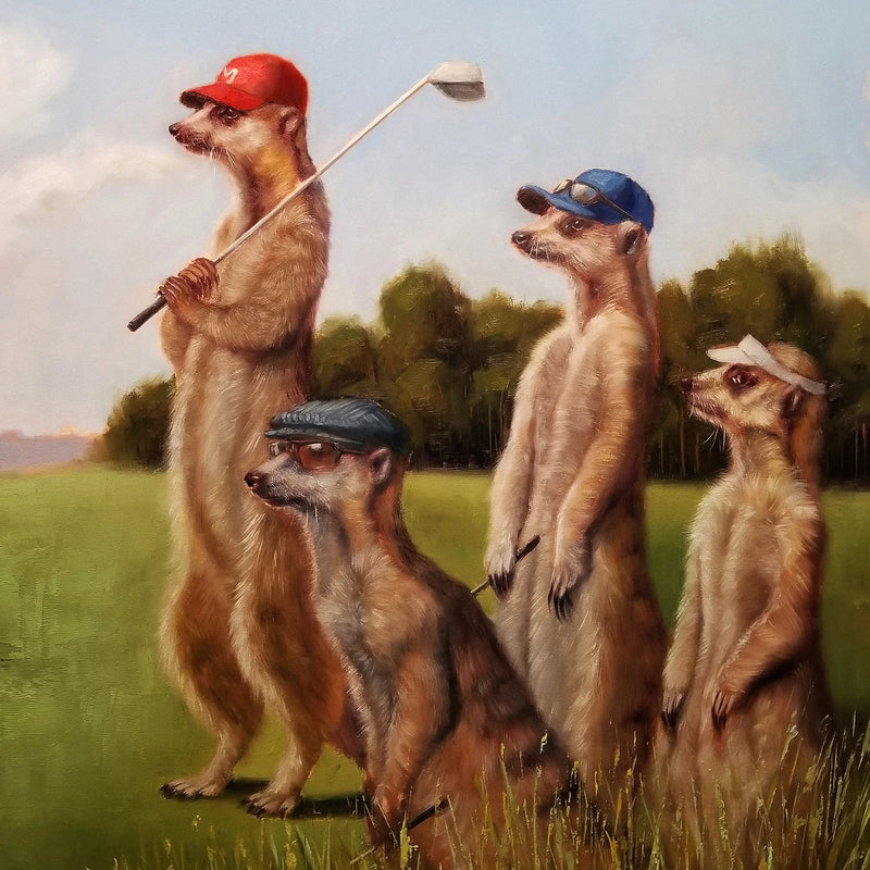 Meerkats playing golf illustrated card by Lucia Heffernan