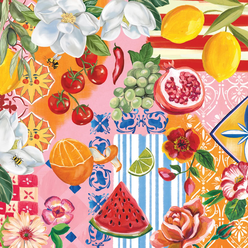Summer inspired greeting card featuring fruit flowers and decorative patterns
