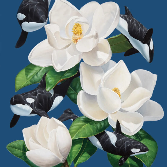 Blue marine wildlife card with orcas and white flowers