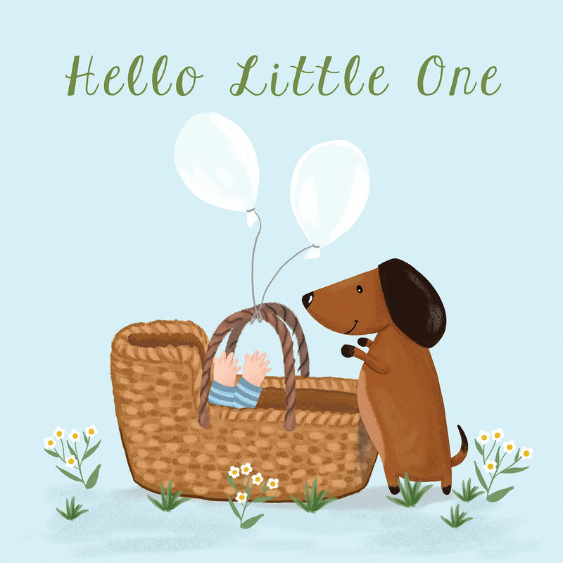 New baby greeting card featuring baby in a basket with dog