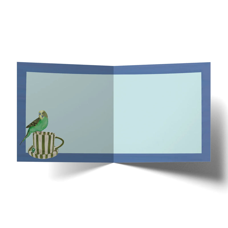 Budgie sitting on a green striped teacup illustrated card