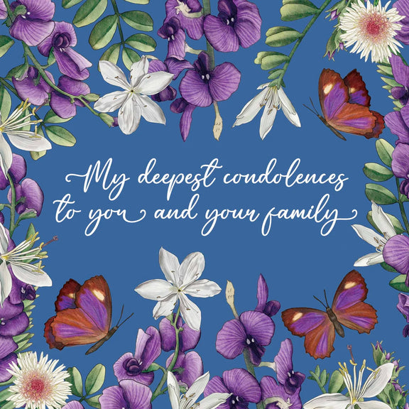 Blank inside condolence greeting card with flowers and butterflies