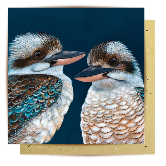 Two kookaburras on blue background illustrated greeting card