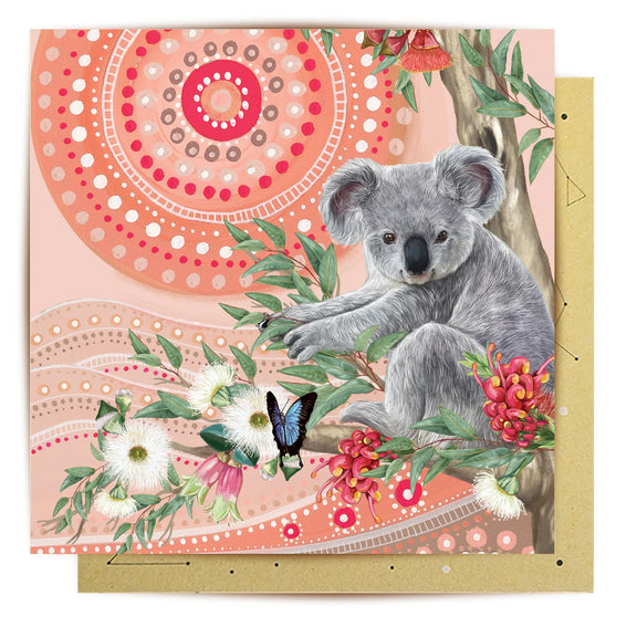 Koala in eucalyptus tree with Australian native flowers illustrated card. Australian Aboriginal art card.
