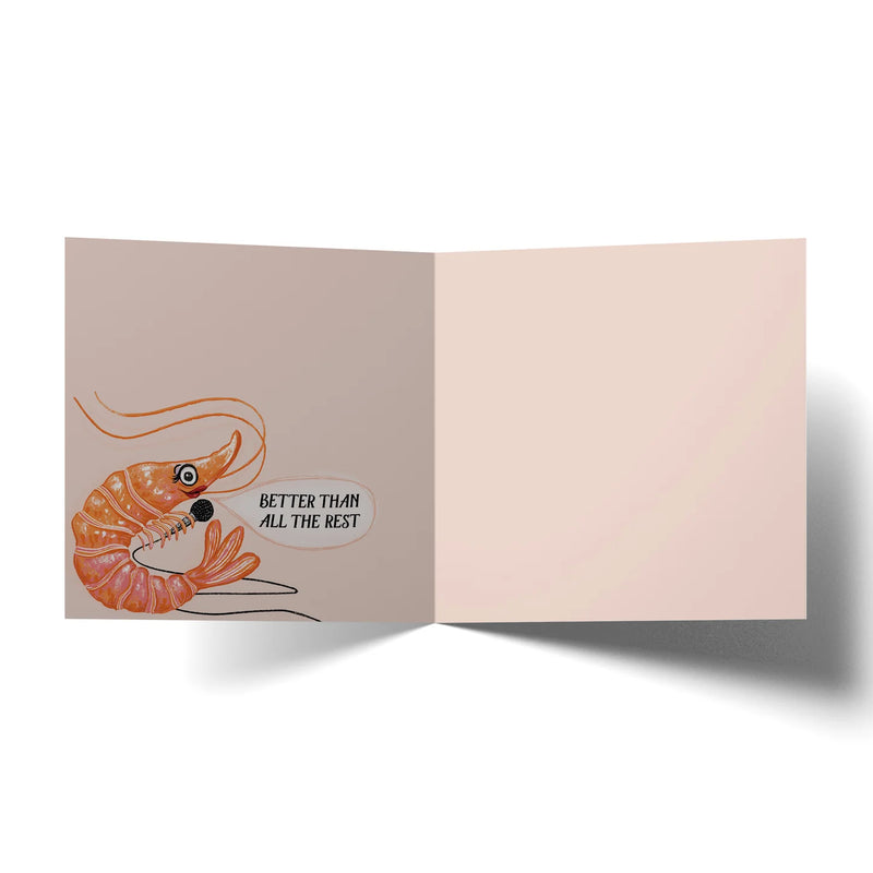 Shrimp holding a microphone illustrated greeting card