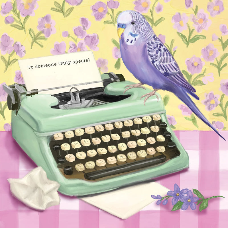 Floral greeting card featuring a budgie typing a letter