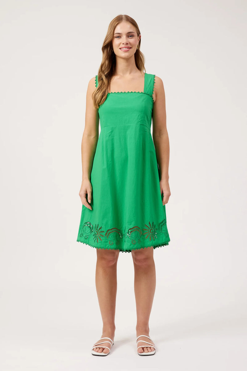 Larissa Broderie Dress in green cotton
