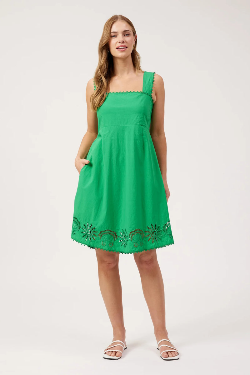 Larissa green dress with cut-out embroidery around the hem
