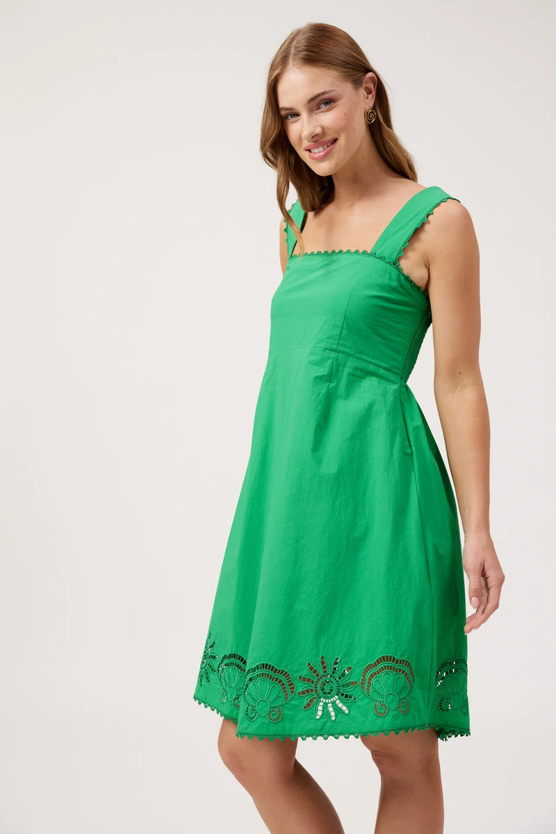 100% cotton green summer dress with adjustable shirred bodice