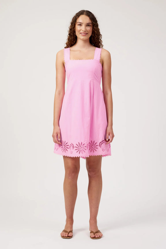 Pink summer dress with square neckline and broderie embroidery