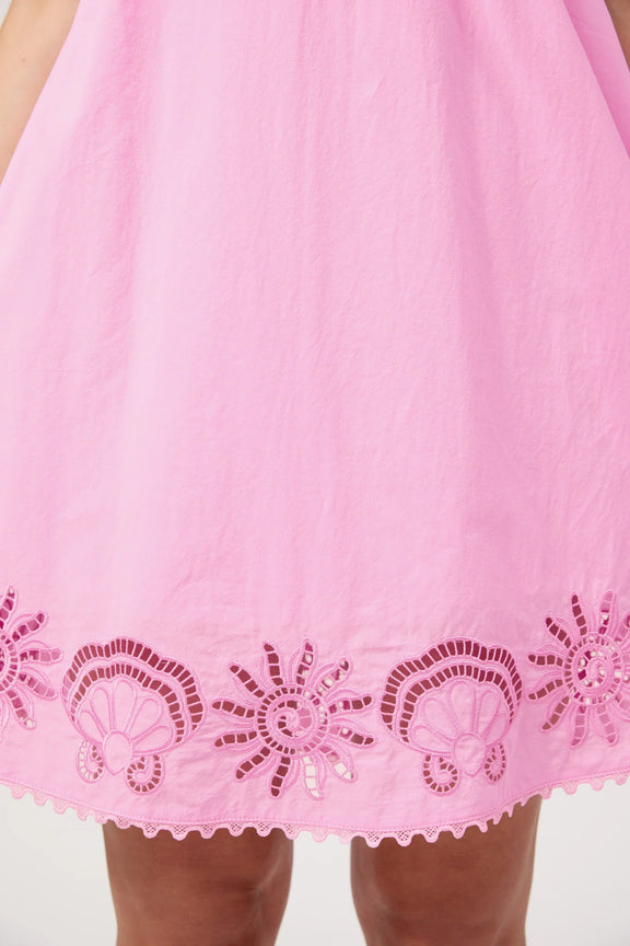 Pink embroidered short dress with shirred back and side pockets