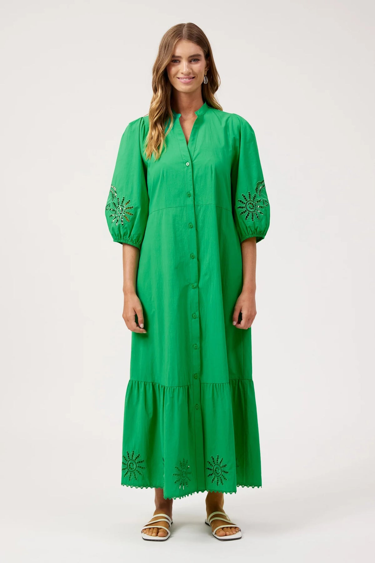 Larissa Broderie Maxi Dress in green cotton