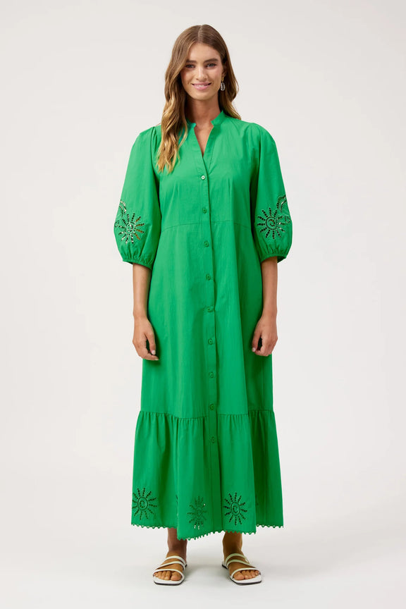 Larissa Broderie Maxi Dress in green cotton