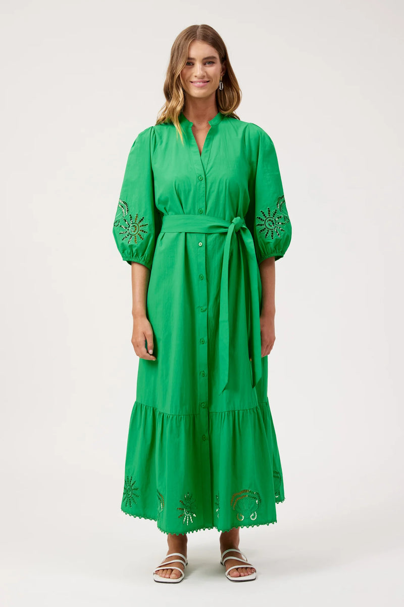 Green cotton maxi dress with broderie embroidery and scalloped hem