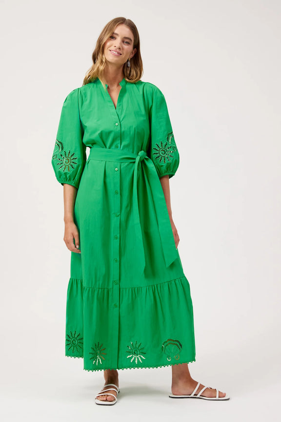 Women’s green summer maxi dress with button front and waist tie