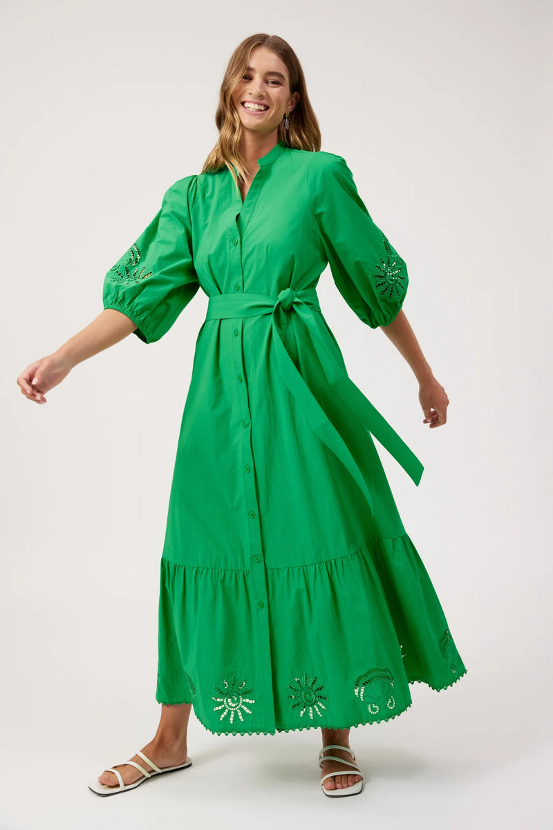 Green embroidered maxi dress with tiered skirt and side pockets