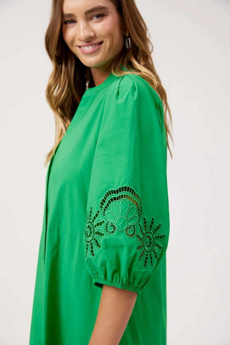Larissa green maxi dress with cut-out embroidery on sleeves and hem