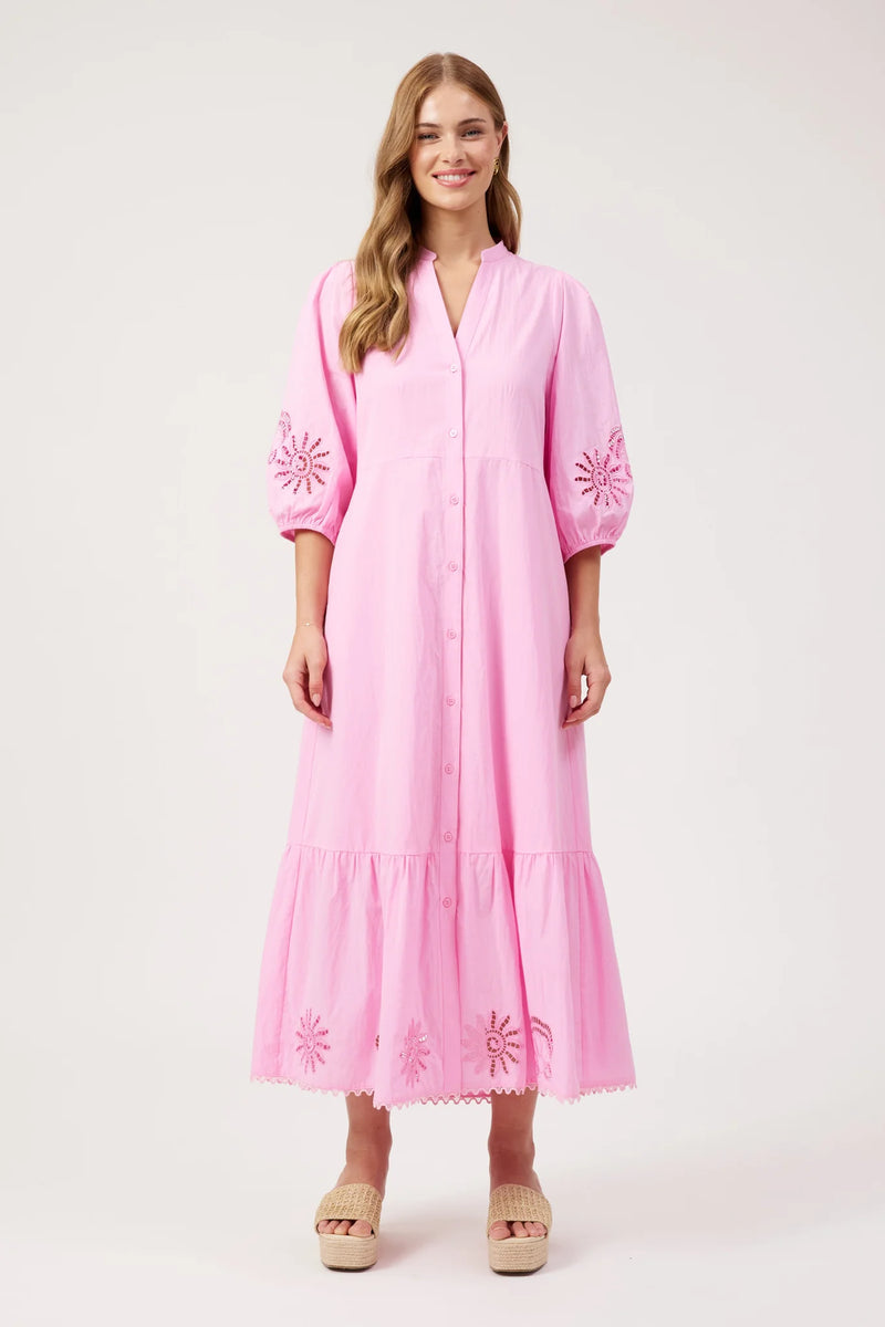 Pink cotton maxi dress with broderie embroidery and scalloped hem