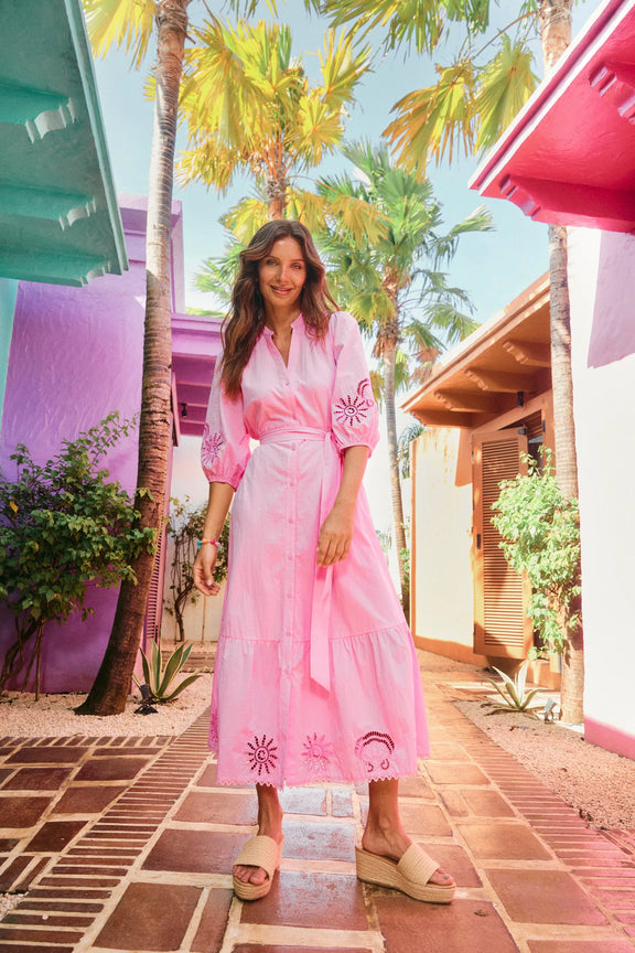 Women’s pink summer maxi dress with button front and waist tie