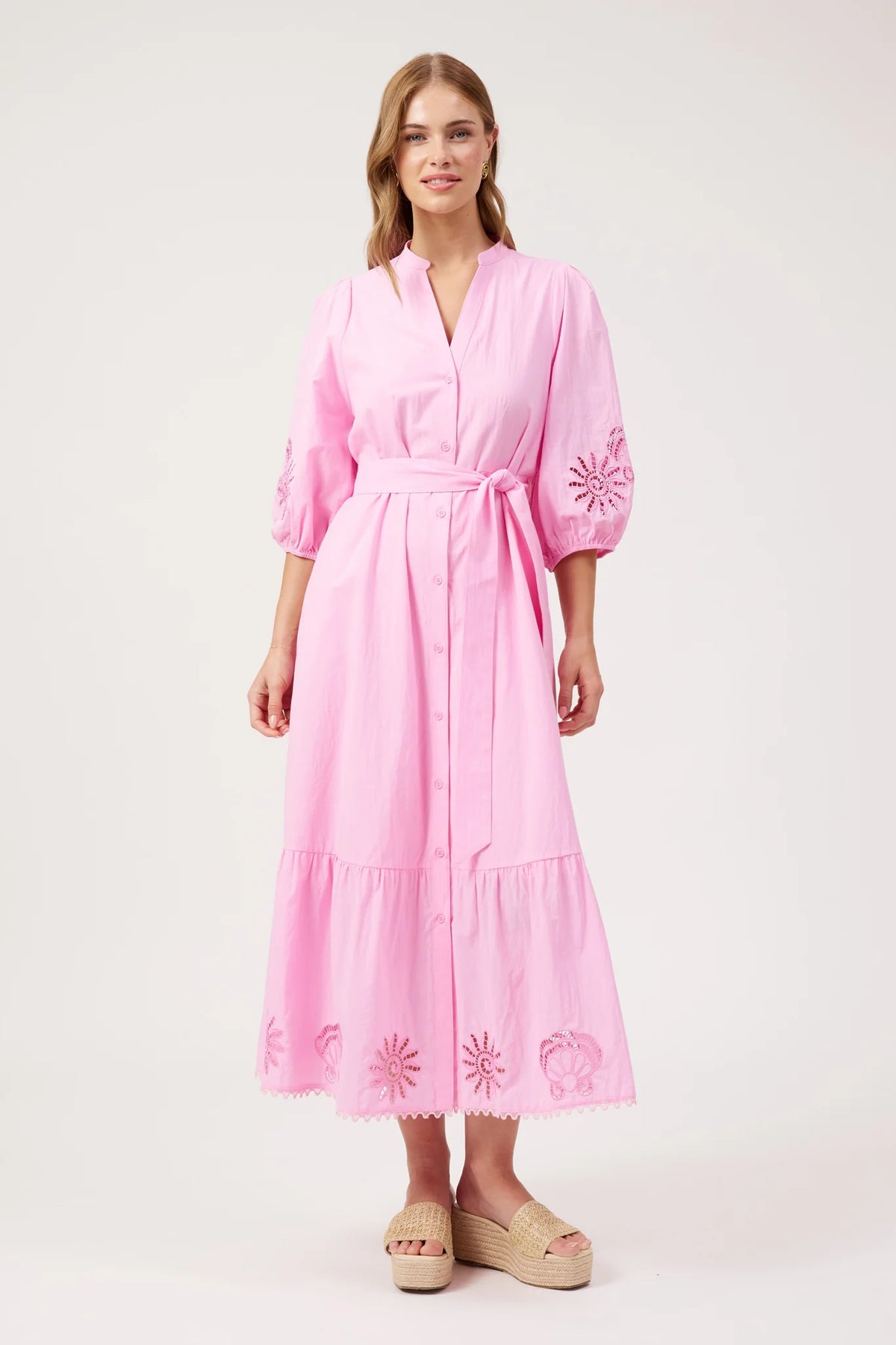 Larissa Broderie Maxi Dress in pink cotton