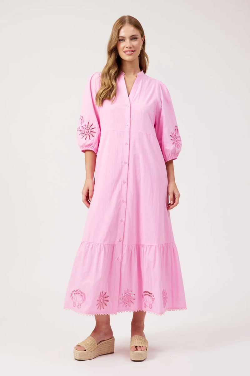 Larissa pink maxi dress with cut-out embroidery on sleeves and hem