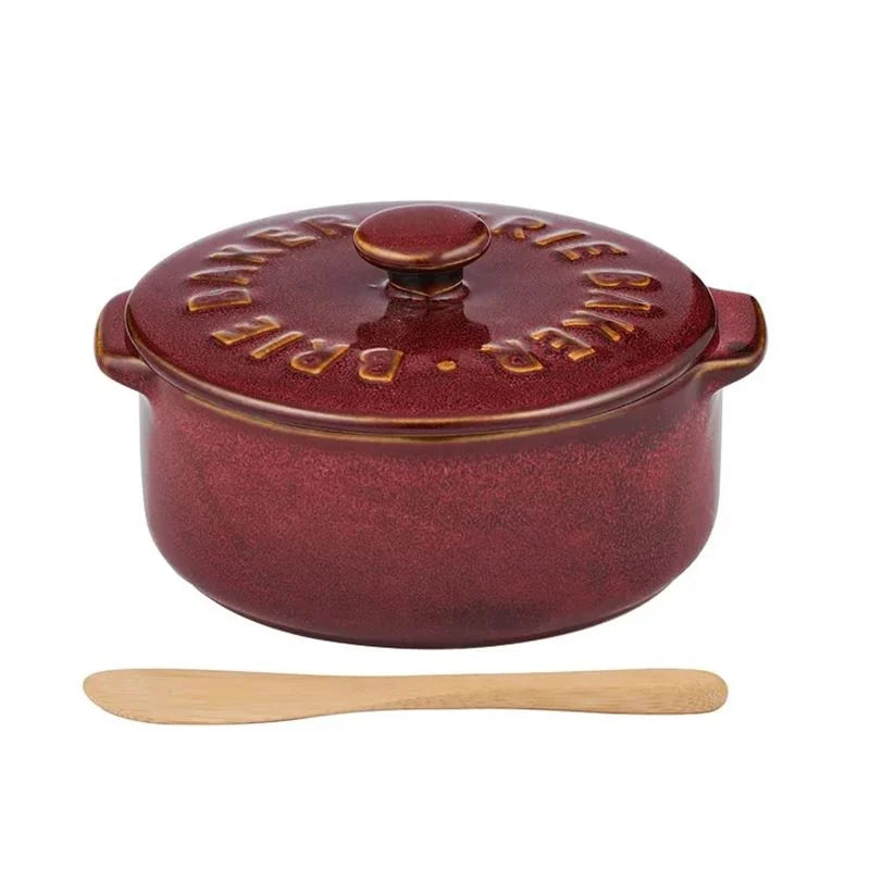 Loire Ceramic Brie Baker in Burgundy with wooden cheese knife