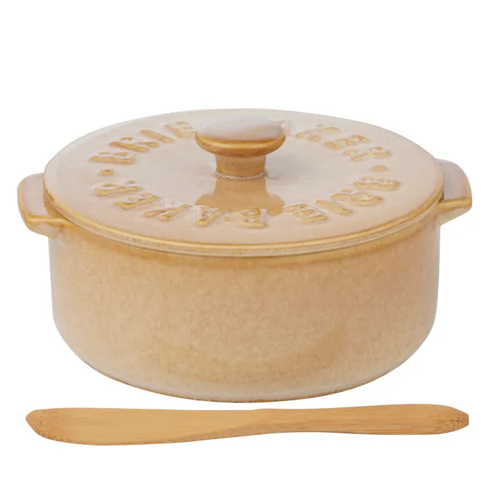 Loire Ceramic Brie Baker in Natural with wooden cheese knife