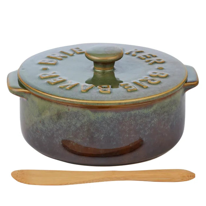 Loire Ceramic Brie Baker in Olive with wooden cheese knife
