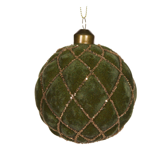 Luxe Green Velvet Quilt Bauble with gold detail 8cm