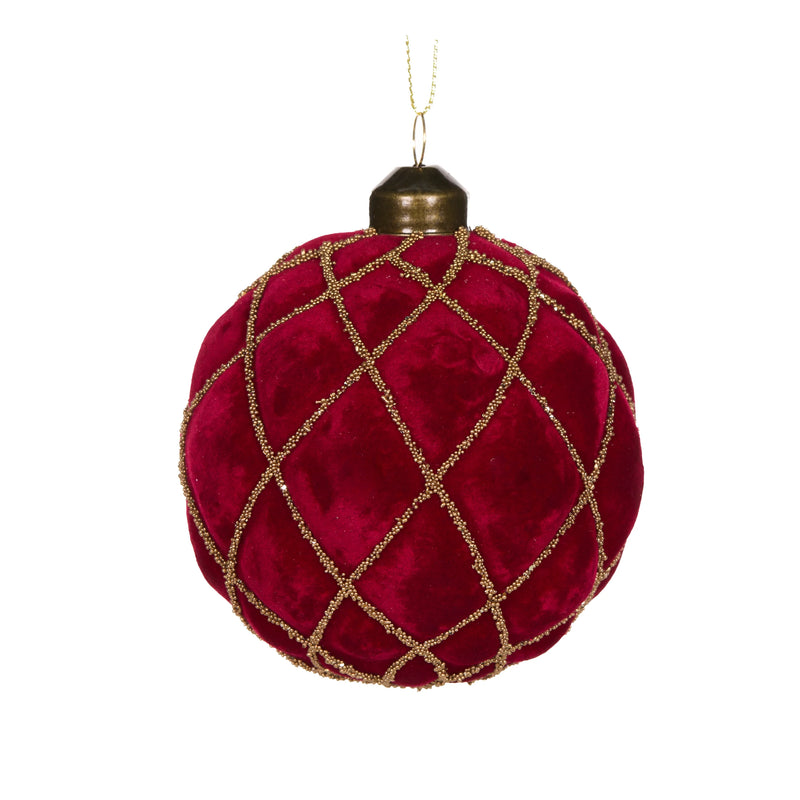 Luxe Red Velvet Quilt Bauble with beaded detail 8cm