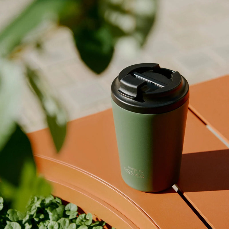 Ceramic Camino 340mL reusable cup with colour-matched Khaki interior