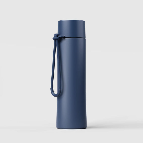Blue reusable water bottle with leak-proof lid and carry handle